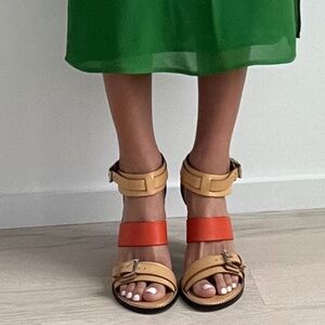 Rebecca Minkoff Sandal Heels in Cream and Tan with Silver Buckle Ankle Strap